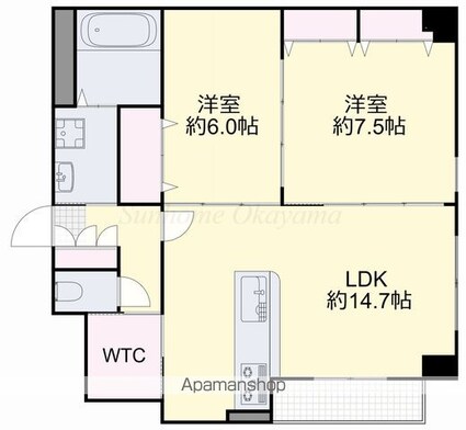 岡山県岡山市北区田町２丁目[2LDK/70m2]の間取図