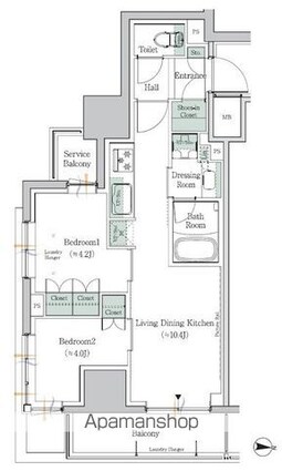 ワンルーフレジデンス中野南台[2LDK/42.9m2]の間取図