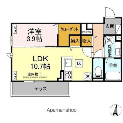 トリシア東和田　Ｗ棟[1LDK/40.39m2]の間取図