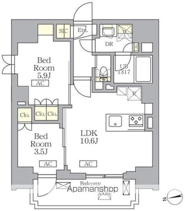 ザ・ライオンズフォーシア文京湯島[2LDK/46.15m2]の間取図