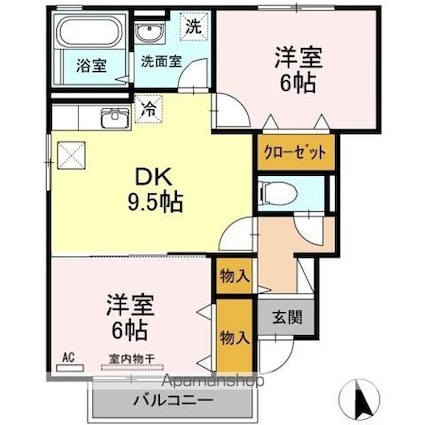 ラルジュ　福岡屋　Ｂ棟[2DK/51.69m2]の間取図