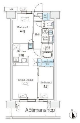 スカイグランデ津田沼[2LDK/54.6m2]の間取図
