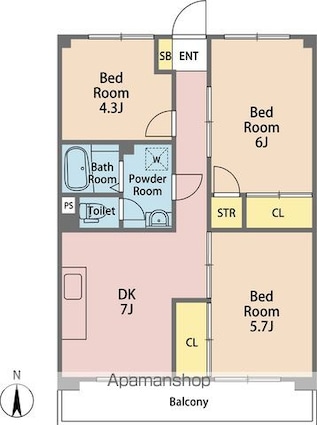 ＳＩＮＡＪＹＵＲＩＭＥ　ＮＡＲＵＴＯ[3DK/55.12m2]の間取図
