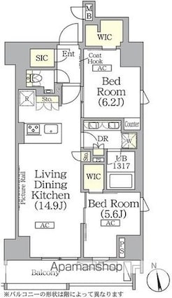 ザ・パークハビオ神楽坂レジデンスＳｏｕｔｈ[2LDK/62.04m2]の間取図
