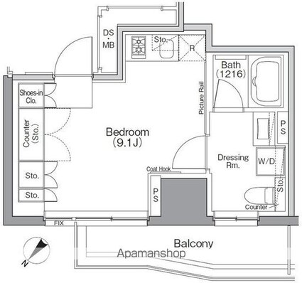 ザ・パークハビオＳＯＨＯ横浜関内[1R/24.64m2]の間取図