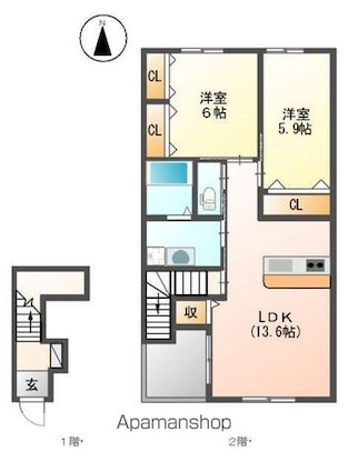 愛媛県松山市東長戸２丁目[2LDK/62.2m2]の間取図