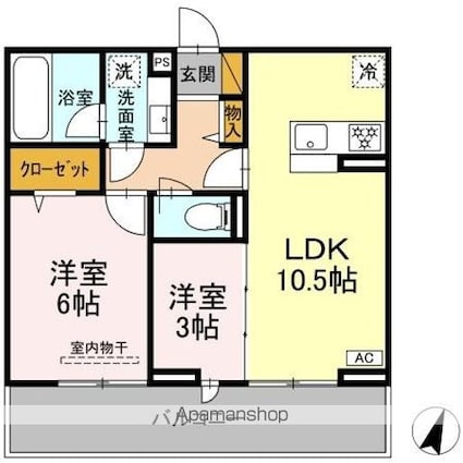 リシェスみのり台　Ａ・Ｂ・Ｃ　Ａ棟[2LDK/46.67m2]の間取図
