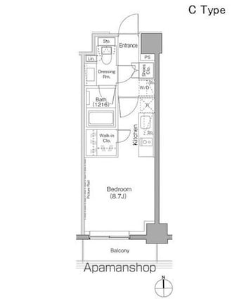ザ・パークハビオ上野御徒町[1K/25.05m2]の間取図