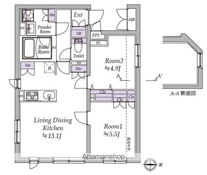 アトリオフラッツ日暮里[2LDK/53.12m2]の間取図