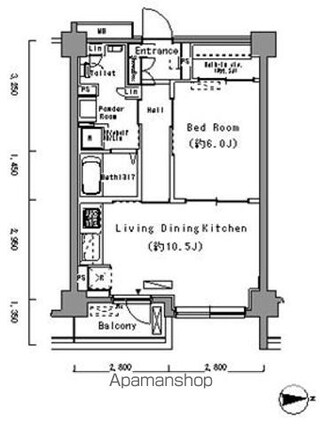 東京都新宿区市谷薬王寺町[1LDK/43.96m2]の間取図