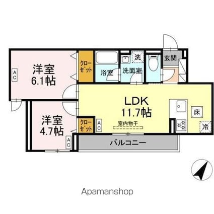 セレスティア細田Ｃ[2LDK/48.59m2]の間取図