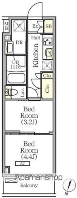 ＡＲＫＭＡＲＫ世田谷砧[2K/25.47m2]の間取図