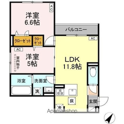セレスティア細田Ｂ[2LDK/51.92m2]の間取図