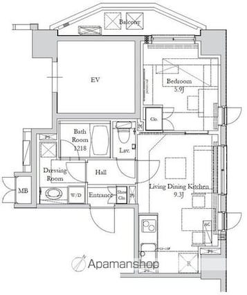 ＨＯＵＳＥ岩本町[1LDK/38.4m2]の間取図