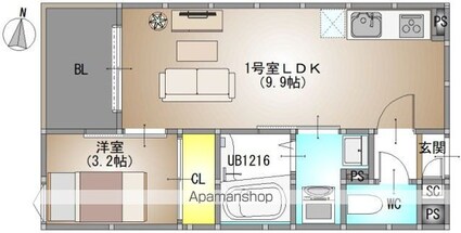 岡山県岡山市北区庭瀬[1LDK/31.45m2]の間取図