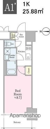 クロスレジデンス飯田橋[1K/25.88m2]の間取図
