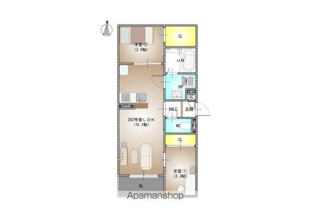 岡山県岡山市北区奉還町４丁目[2LDK/40.92m2]の間取図