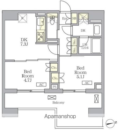 ザ・ライオンズフォーシア文京湯島[2DK/41.4m2]の間取図