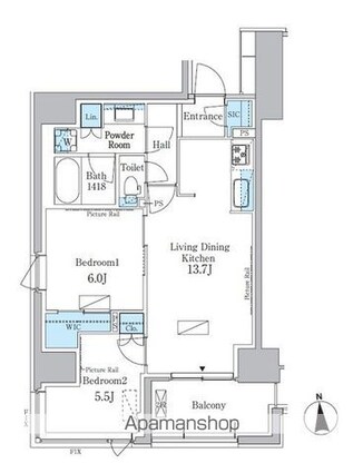 東京都新宿区百人町３丁目[2LDK/60.08m2]の間取図