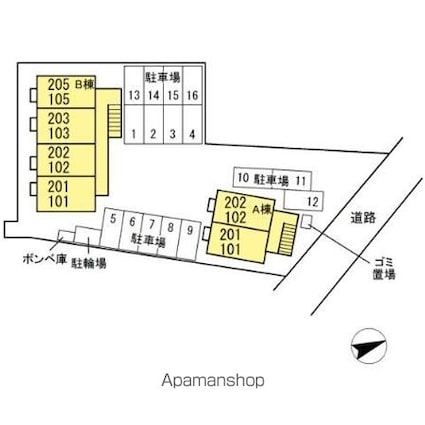 グラシューズ　Ａ・Ｂ棟[1LDK/33.39m2]の配置図