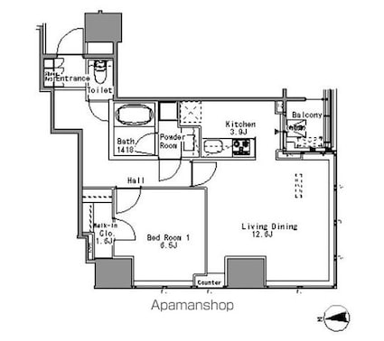 Ｗｈｉｔｅ　Ｔｏｗｅｒ　Ｈａｍａｍａｔｓｕｃｈｏ[1LDK/56.03m2]の間取図