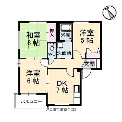 カーサ焼山中央　Ｂ棟[3DK/55.07m2]の間取図