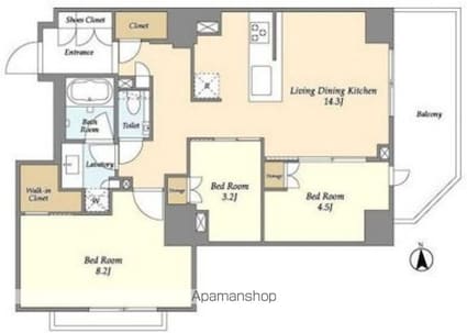 オーキッドレジデンス渋谷富ヶ谷[3LDK/68.86m2]の間取図