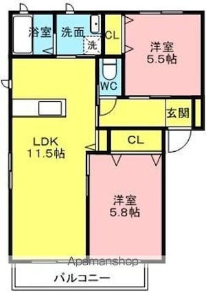 ソレイユ西浜[2LDK/54m2]の間取図