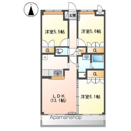 広島県福山市東手城町１丁目[3LDK/66.78m2]の間取図