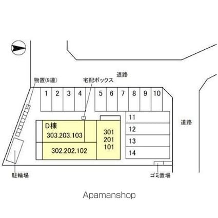 ＤーＲＯＯＭ盛岡本宮　Ｄ棟[1LDK/41.95m2]の配置図