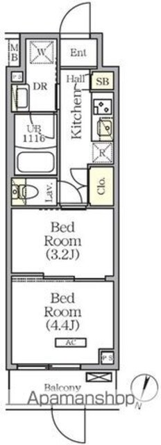 ＡＲＫＭＡＲＫ世田谷砧[2K/25.13m2]の間取図