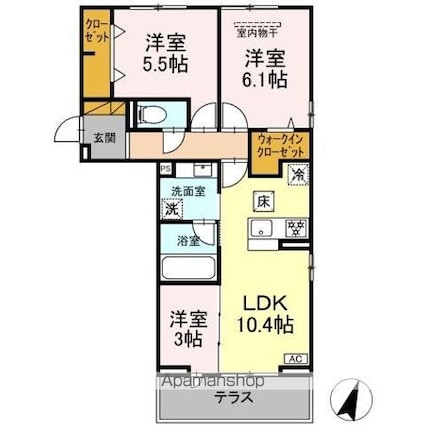 リシェスみのり台　Ａ・Ｂ・Ｃ　Ａ棟[3LDK/60.85m2]の間取図