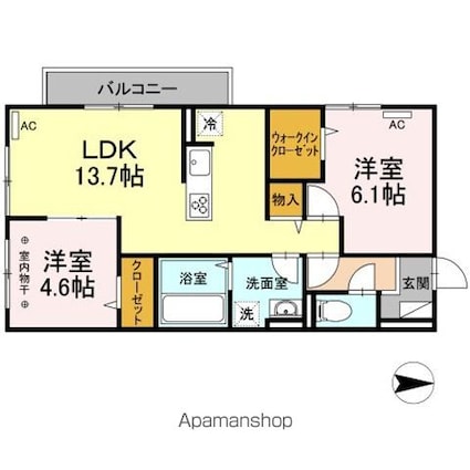 クレスト谷原[2LDK/57.78m2]の間取図
