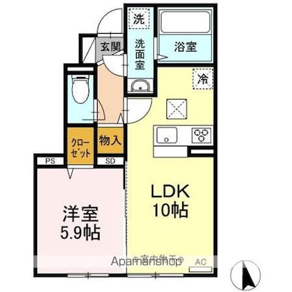 Ｄーｒｏｏｍ　ＩＳＨＩＥ　Ⅰ[1LDK/38.85m2]の間取図