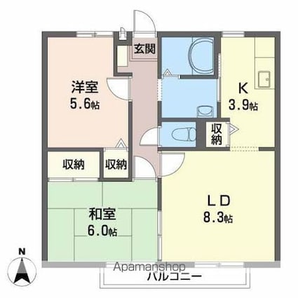 ビーライン緑台　Ａ棟[2LDK/54.16m2]の間取図