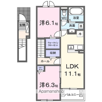 バンブーグロー岩出[2LDK/58.6m2]の間取図