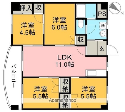 岡林マンション[4LDK/66m2]の間取図
