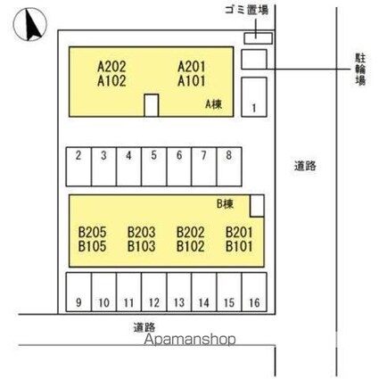 ヴィーアジラソーレＡ・Ｂ棟[1K/33.39m2]の配置図