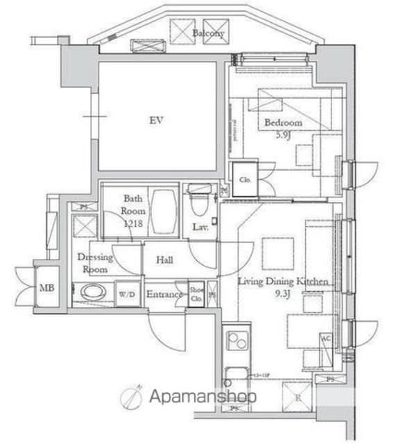 ＨＯＵＳＥ岩本町[1LDK/38.4m2]の間取図