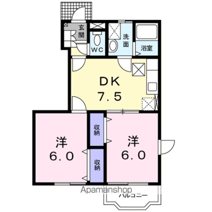 ソレイユ・ルヴァンＡ[2DK/44.39m2]の間取図