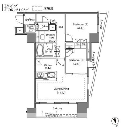 クオリア千代田御茶ノ水[2LDK/61.08m2]の間取図