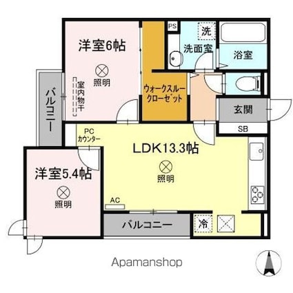 岡山県岡山市北区下中野[2LDK/58.52m2]の間取図