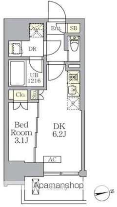 ザ・ライオンズフォーシア文京湯島[1DK/25.56m2]の間取図