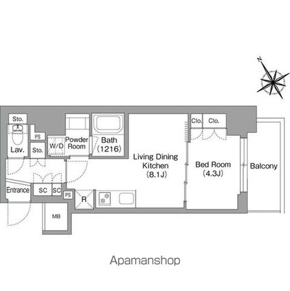 バウスフラッツ蔵前[1LDK/34.86m2]の間取図