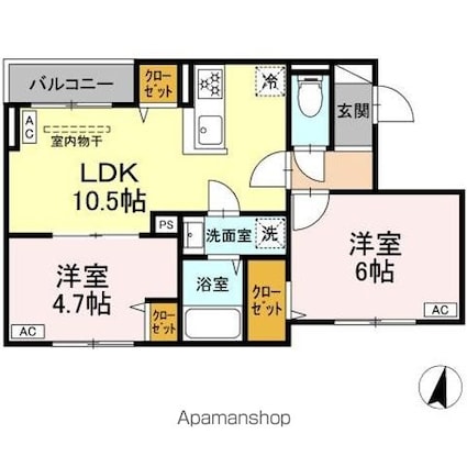 セレスティア若宮[2LDK/48.17m2]の間取図