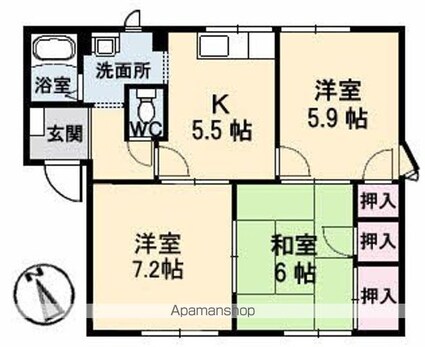 洋光シャインハウス　Ａ棟[3K/54.34m2]の間取図