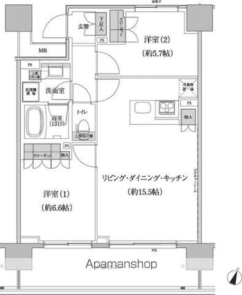 東京都渋谷区本町４丁目[2LDK/60.6m2]の間取図