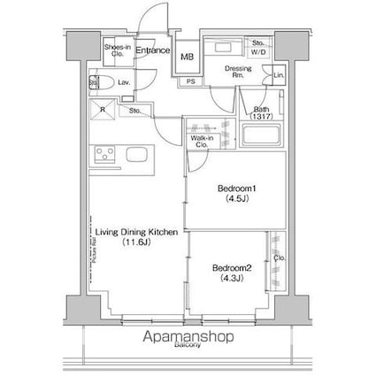 ザ・パークハビオ入谷[2LDK/50.58m2]の間取図