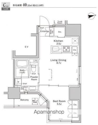 プラウドフラット浅草雷門[1LDK/40.32m2]の間取図