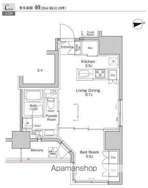 プラウドフラット浅草雷門[1LDK/40.32m2]の間取図